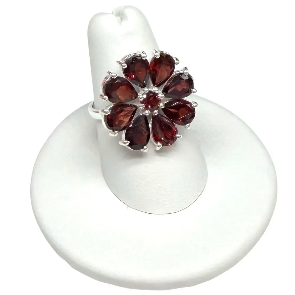 Garnet Ring Size 10 Flower Shaped Solid 925 Sterling Silver Daisy Multi Stone